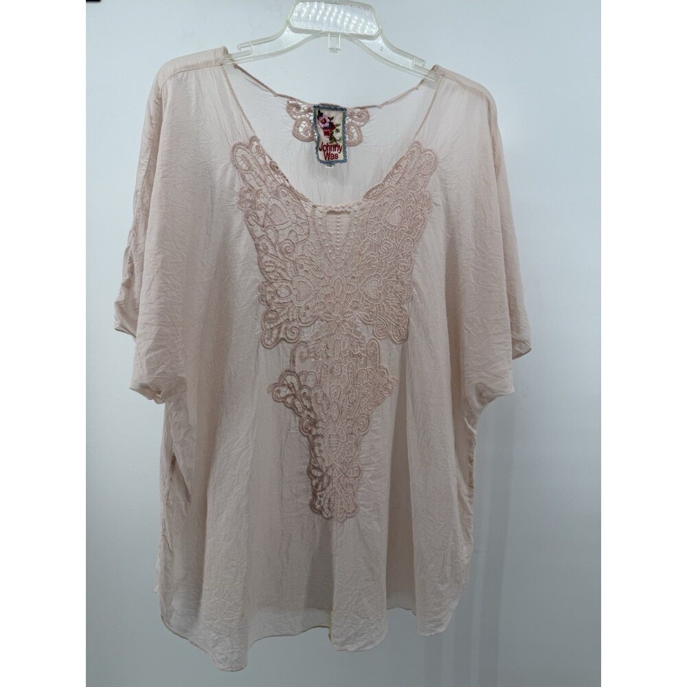 Johnny Was XL Pink Blush Lace Embroidered Tunic Top Boho Peasant Blouse FLAWS